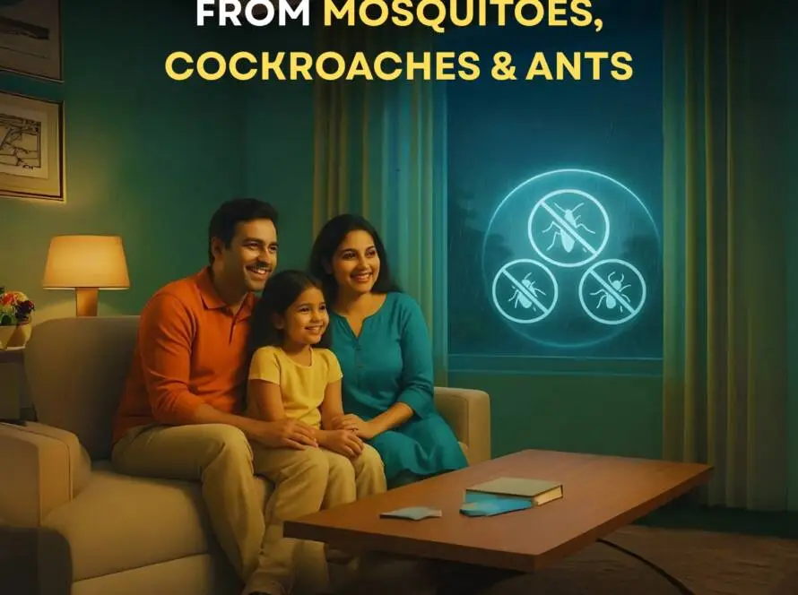 Happy family safe indoors during monsoon with pest control protection from mosquitoes, cockroaches, and ants by Clear Zone Pest Control. Monsoon Pest Control