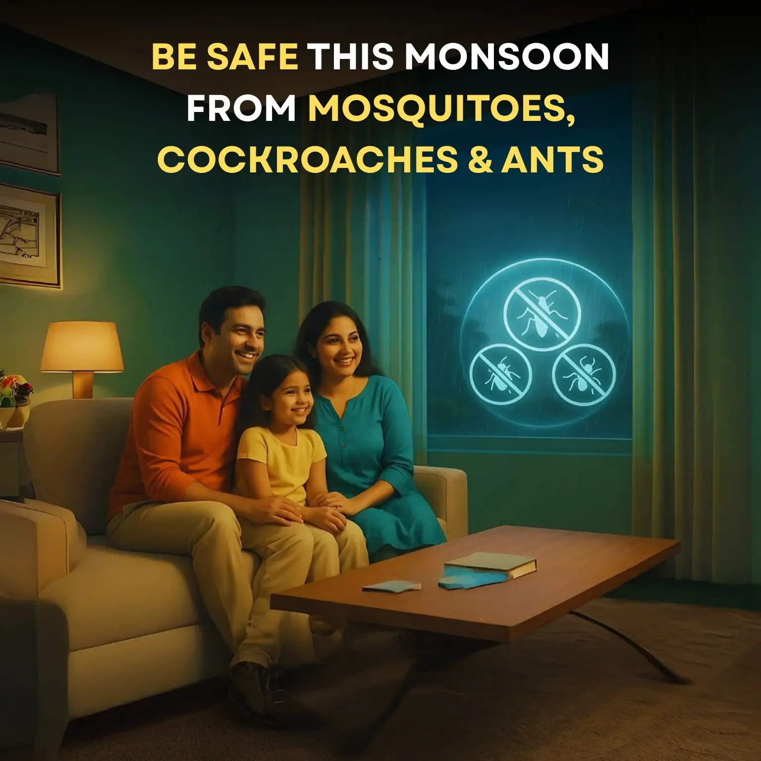Happy family safe indoors during monsoon with pest control protection from mosquitoes, cockroaches, and ants by Clear Zone Pest Control. Monsoon Pest Control